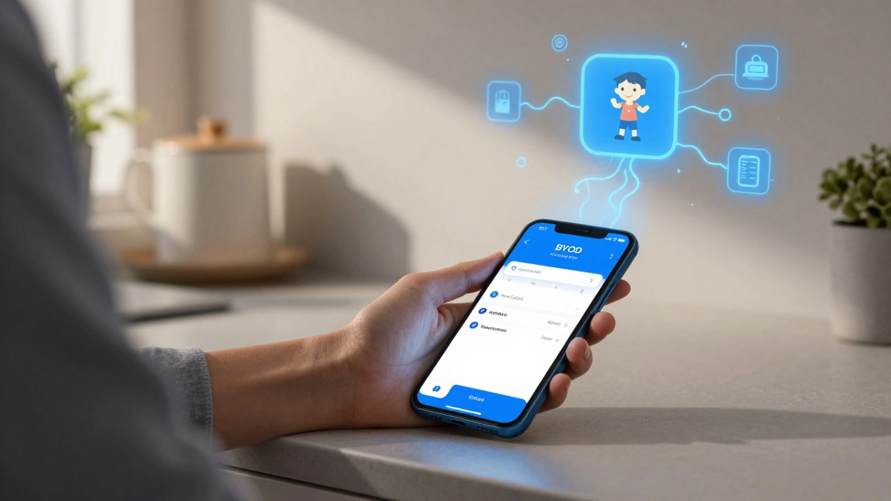 Personal smartphone showing work email while a child's game app runs nearby, symbolizing BYOD security risk.