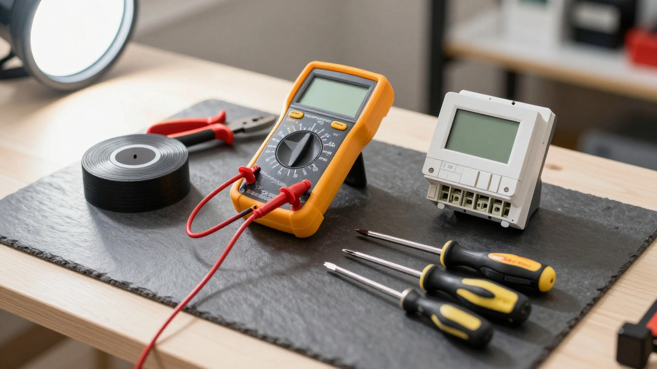 Professional electronics tools and multimeter arranged neatly on work surface.