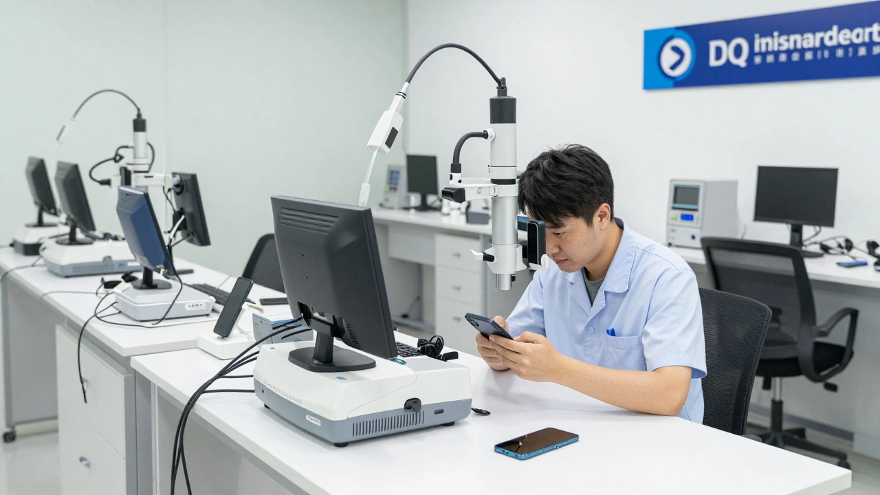 Repair technician diagnosing smartphones at service center