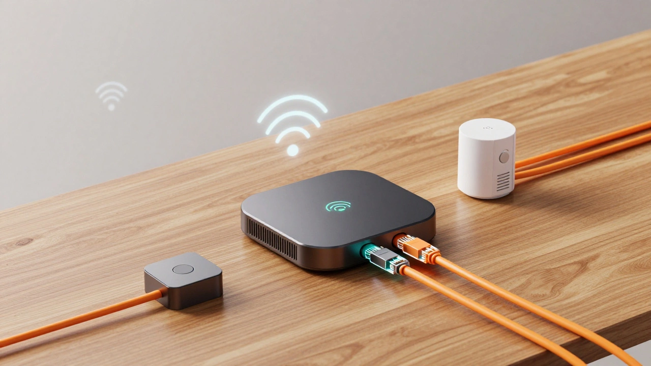 Smart home hub connected by glowing wired cables to local sensors without cloud connection.