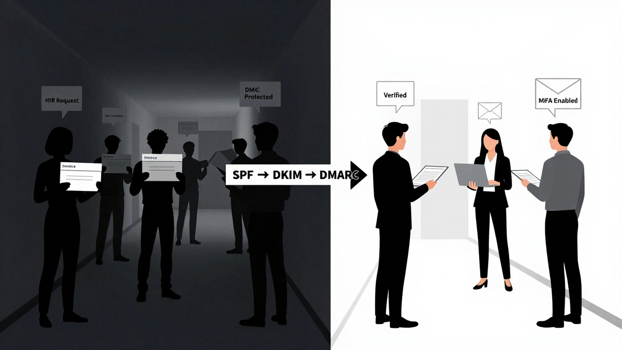 Split hallway: one side filled with phishing threats, the other clean and secure, showing the path to email safety.