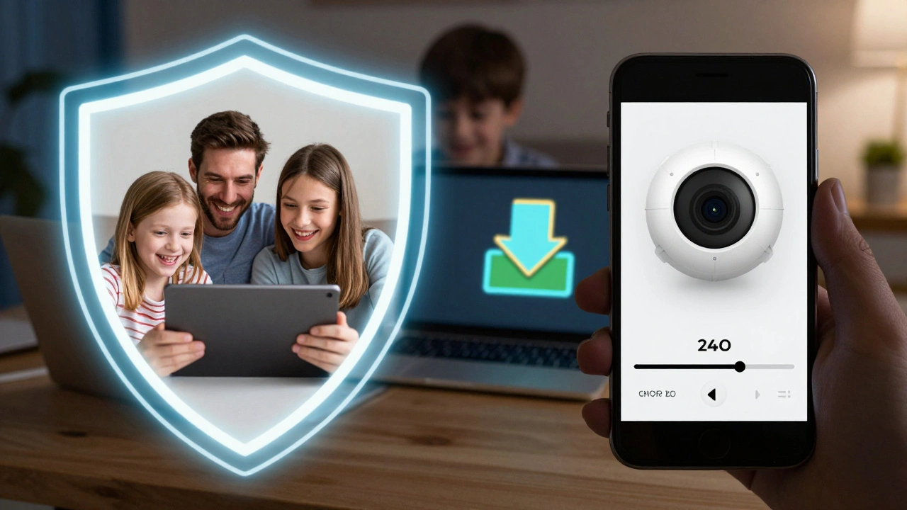 Split-screen of a smooth Zoom call and lag-free security camera feed, while a game download progresses slowly in the background.
