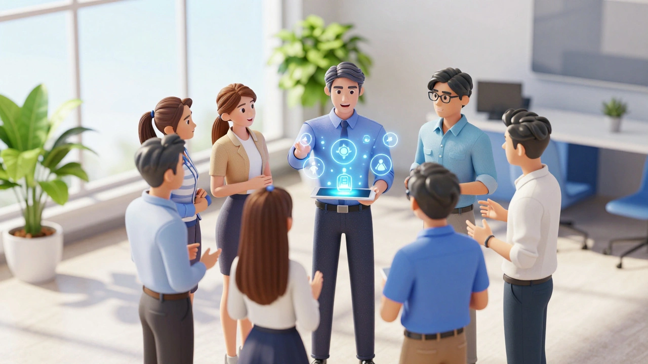 Team collaborating around holographic task visualization display