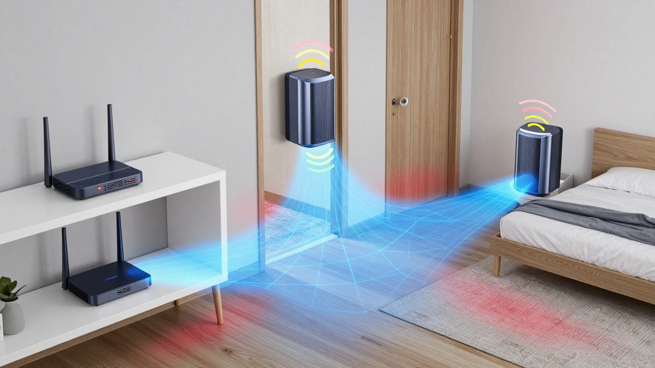 Three mesh Wi-Fi nodes placed throughout a house, creating seamless signal coverage with no dead zones.