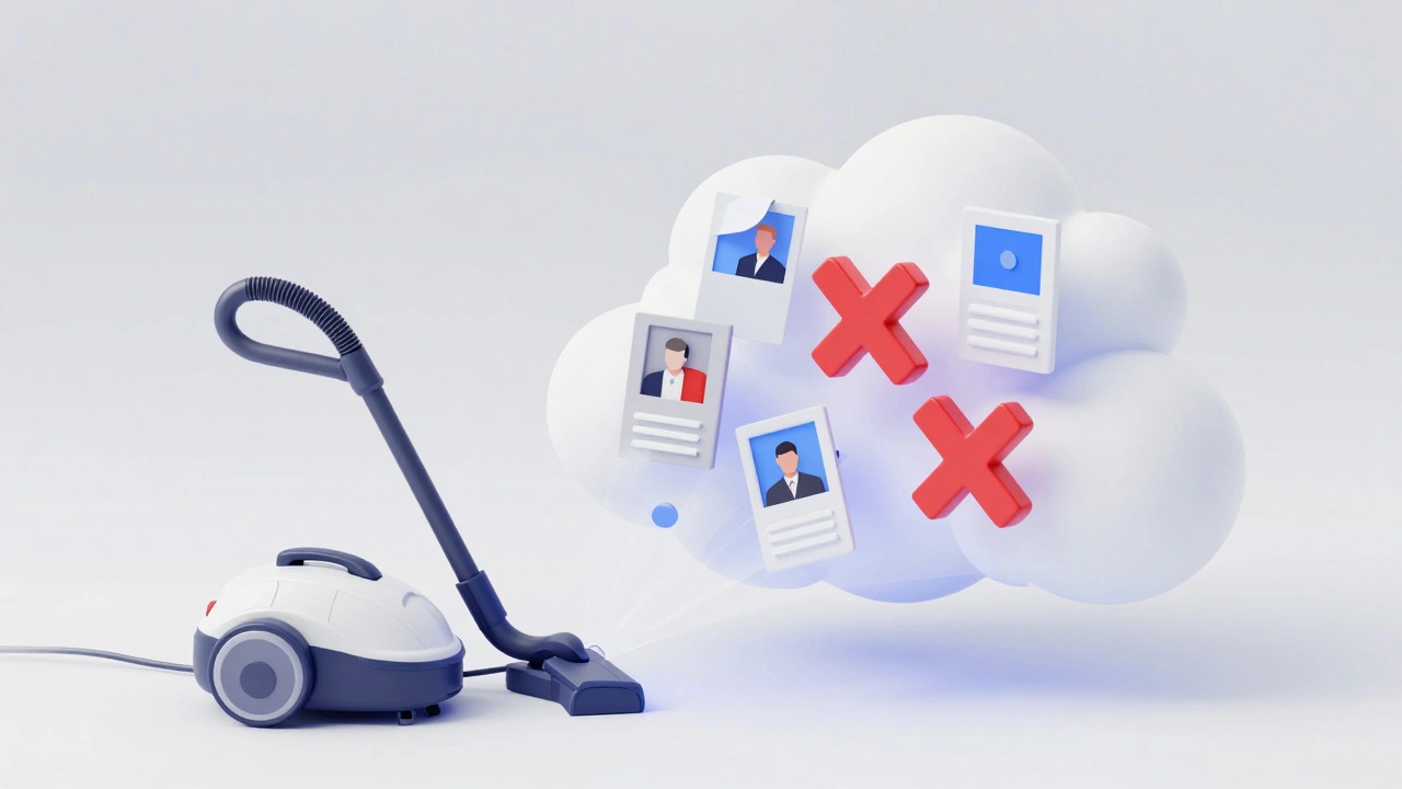 3D illustration of digital clutter being vacuumed out of a cloud