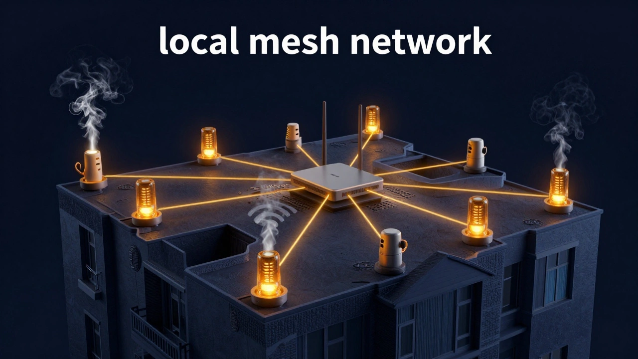 A 3D diagram of a mesh network connecting safety sensors independently of Wi-Fi.