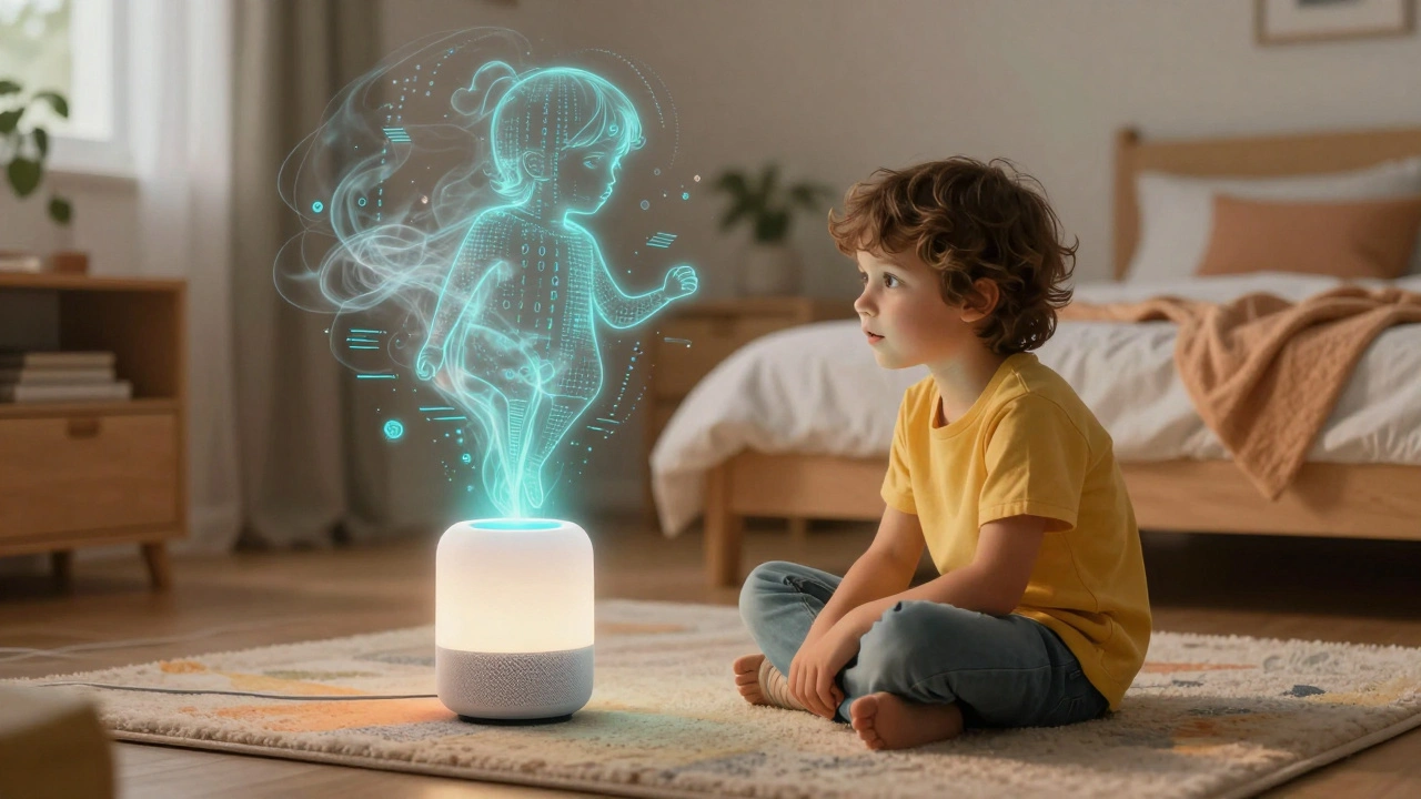 A child talking to a smart speaker surrounded by swirling digital data and binary codes.