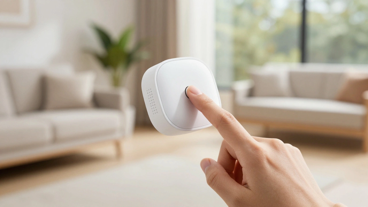 A close-up of a hand flipping the physical mute switch on a smart home device.