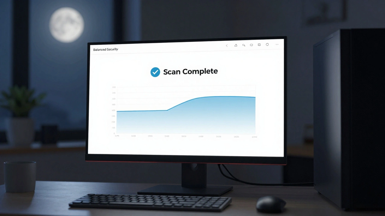 A computer monitor showing a successful midnight scan and low CPU usage in a dark room.