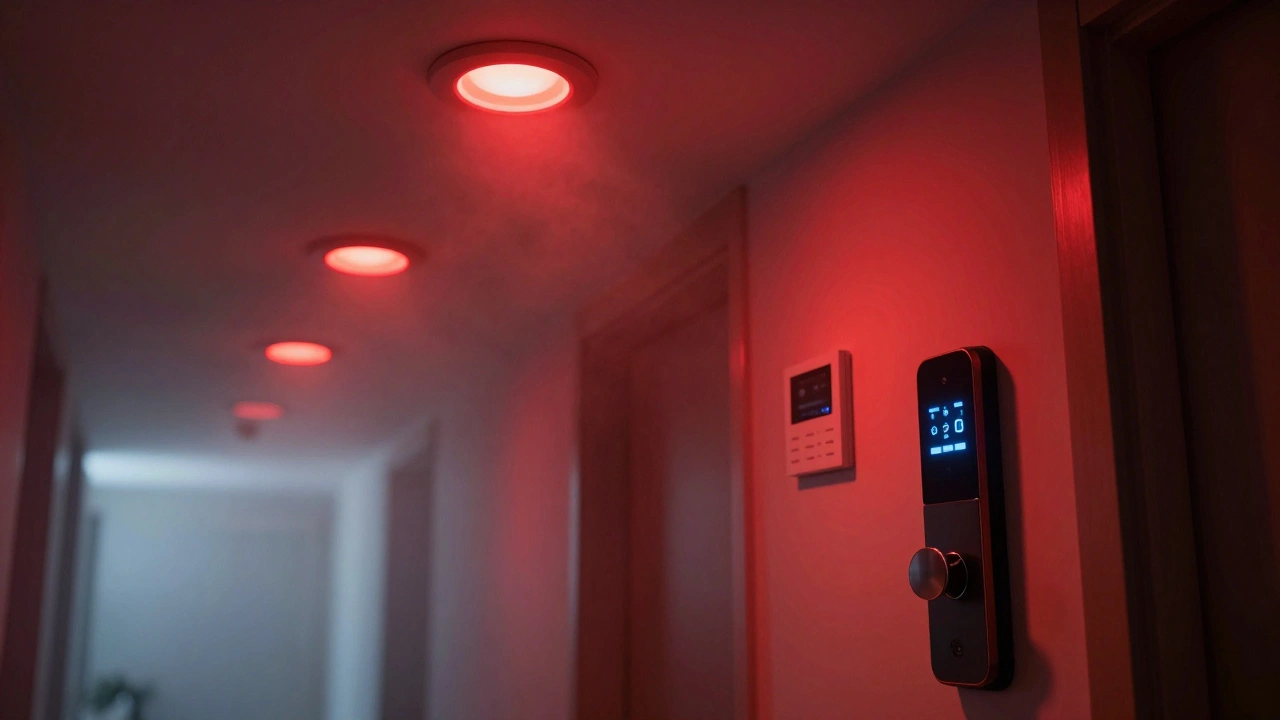 A hallway with red emergency lighting and an automatically unlocking smart door.
