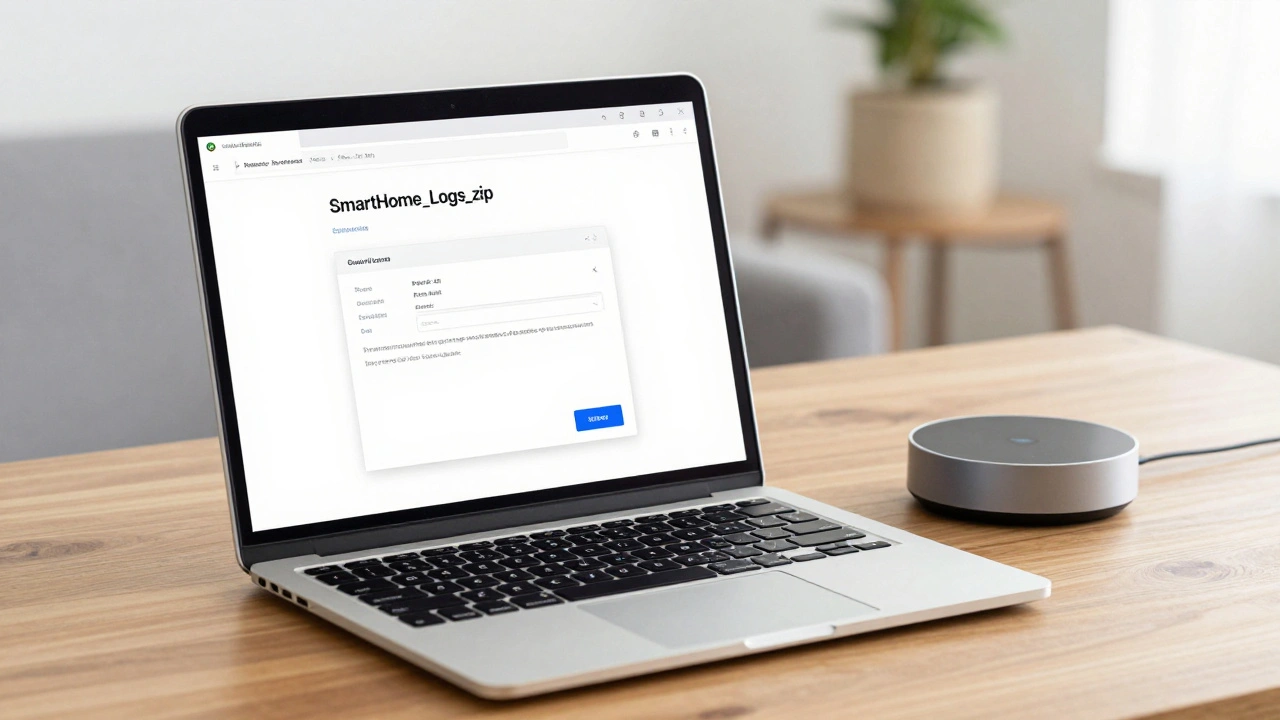 A laptop on a desk showing a zipped log file ready to be sent to technical support.