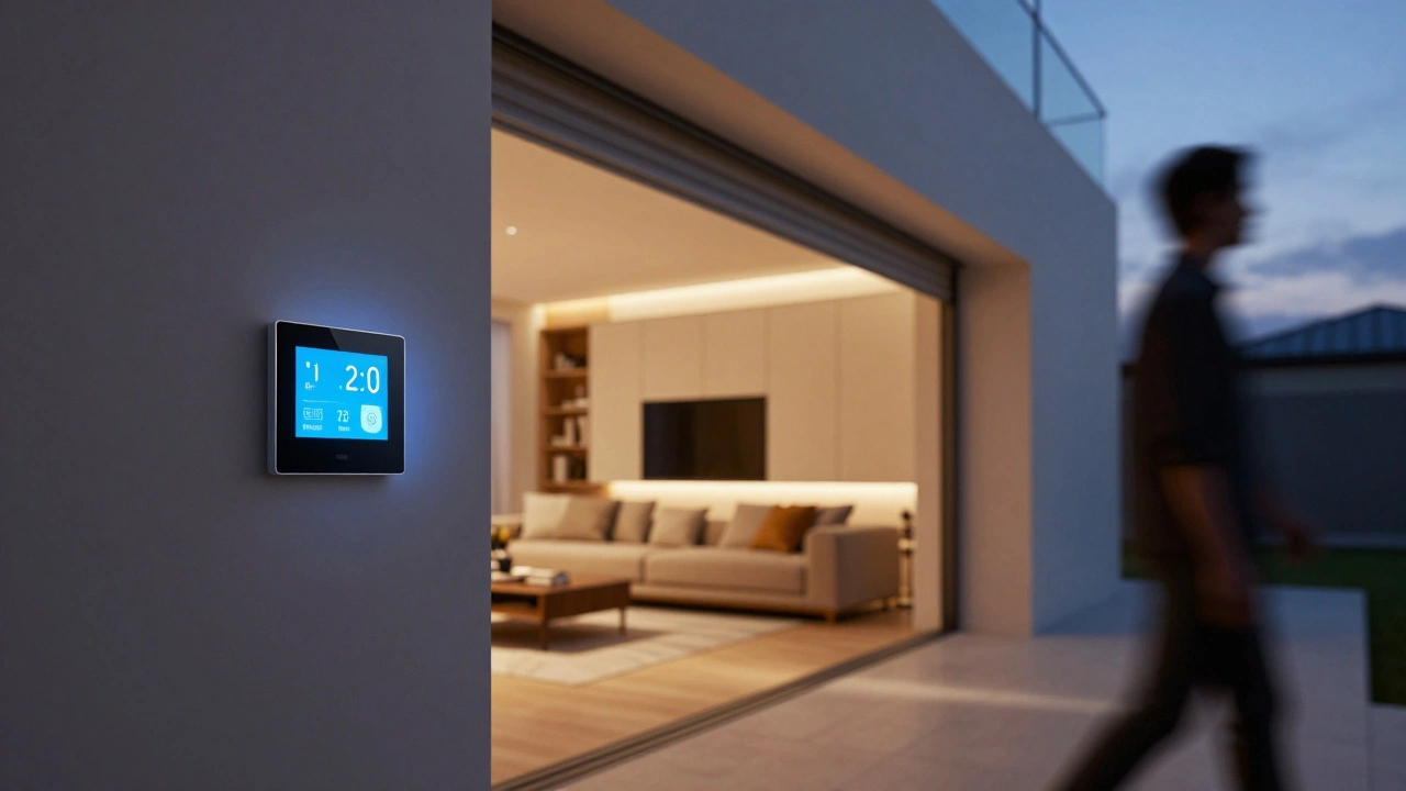 A modern living room with automated lights and blinds activating at twilight.
