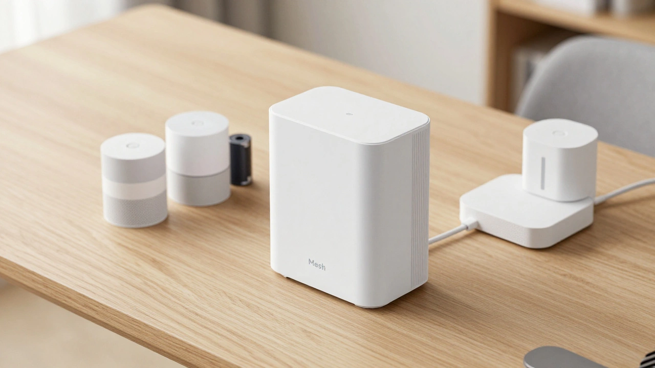 A modern Mesh Wi-Fi node and smart hub positioned correctly on a wooden table for optimal signal