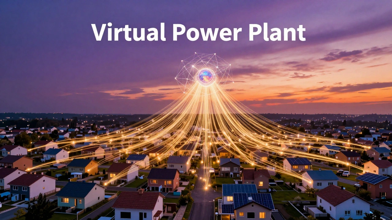 A neighborhood of smart homes connected by golden light filaments to a digital energy node