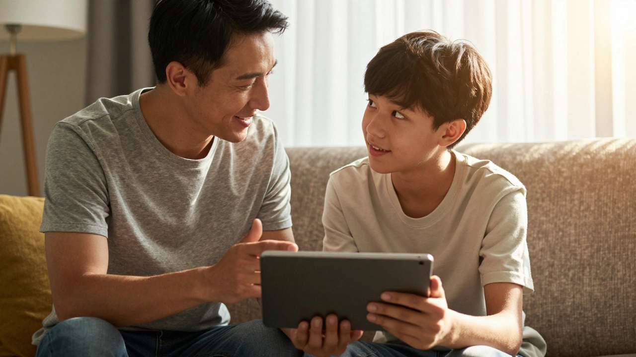 A parent and teenager having a friendly discussion about internet safety over a tablet.