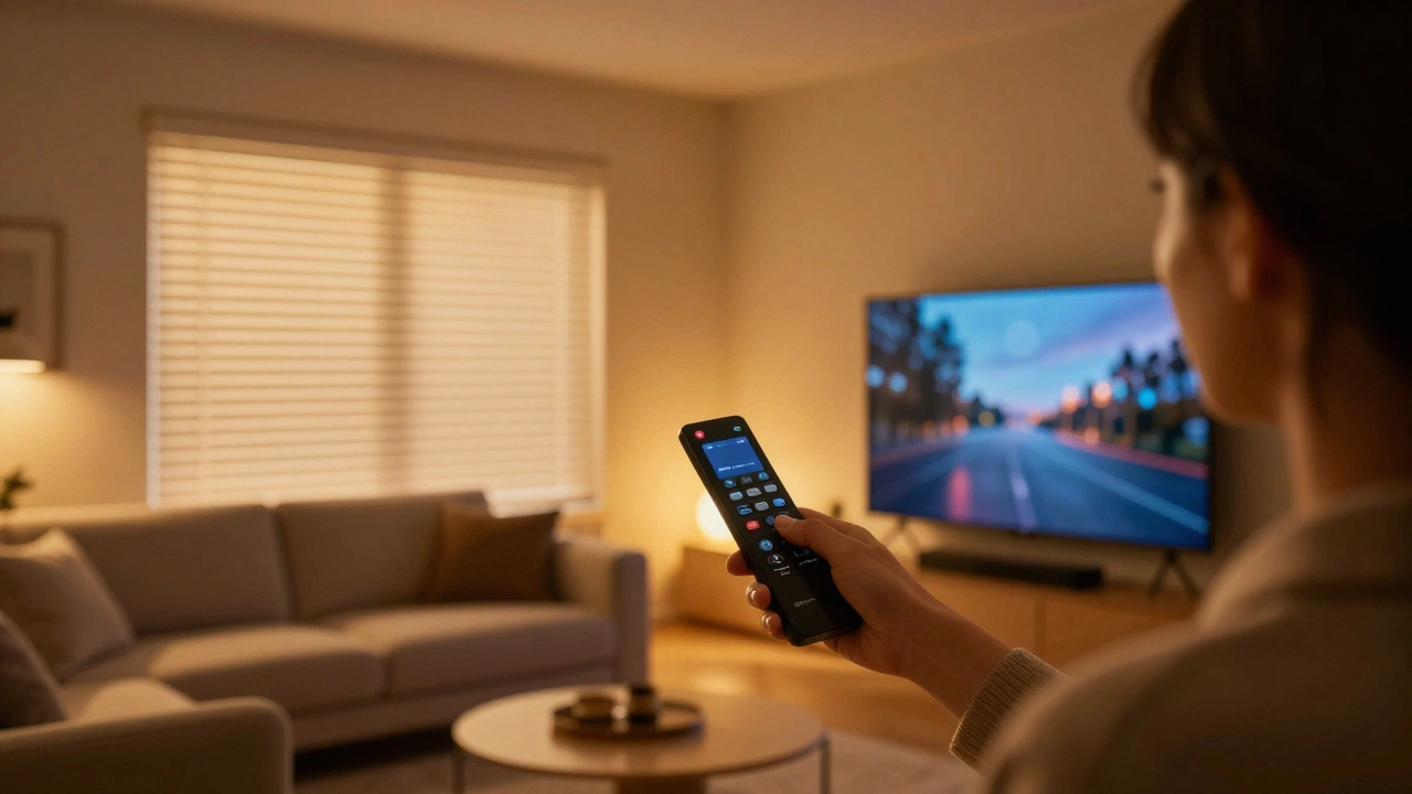 A person using a remote to trigger a smart home scene with dimming lights and closing blinds.
