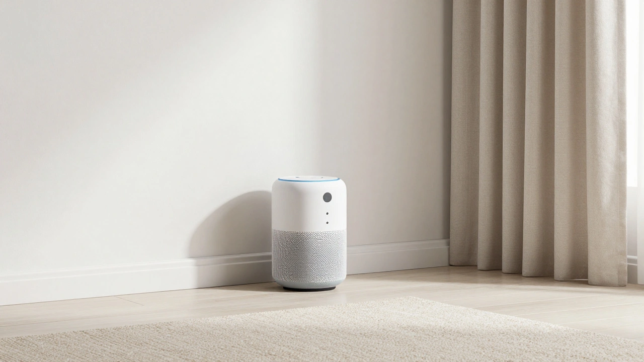 A smart speaker in a room with a rug and curtains for better acoustics.