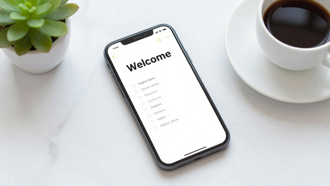 A smartphone showing a welcome screen on a clean white table.