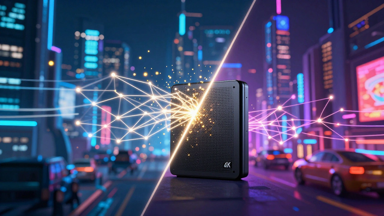 A split-screen visual showing the transformation of a pixelated image into a sharp 4K resolution image via AI.