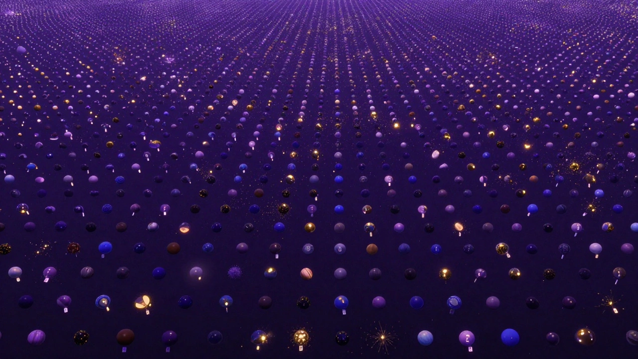 A vast digital space with floating data objects and unique IDs.