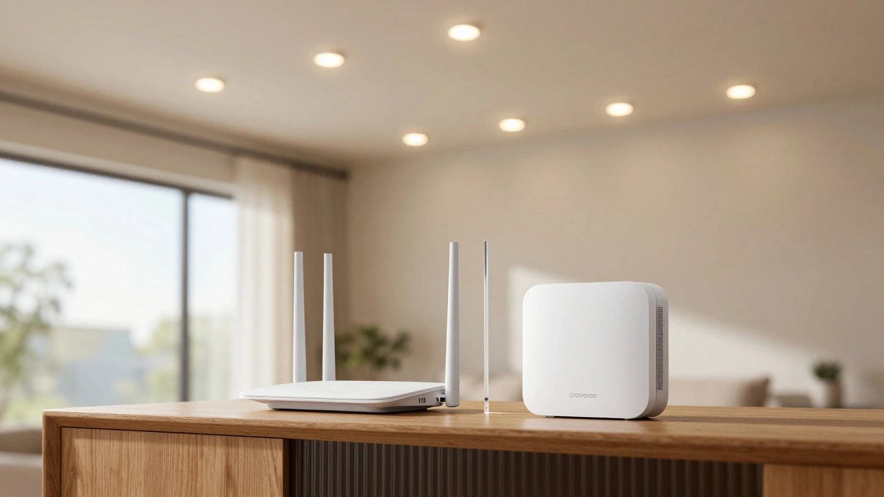 A Wi-Fi router and smart hub placed several feet apart on a wooden table