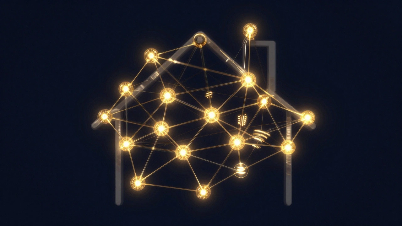 Abstract golden mesh network connecting smart bulbs inside a house silhouette