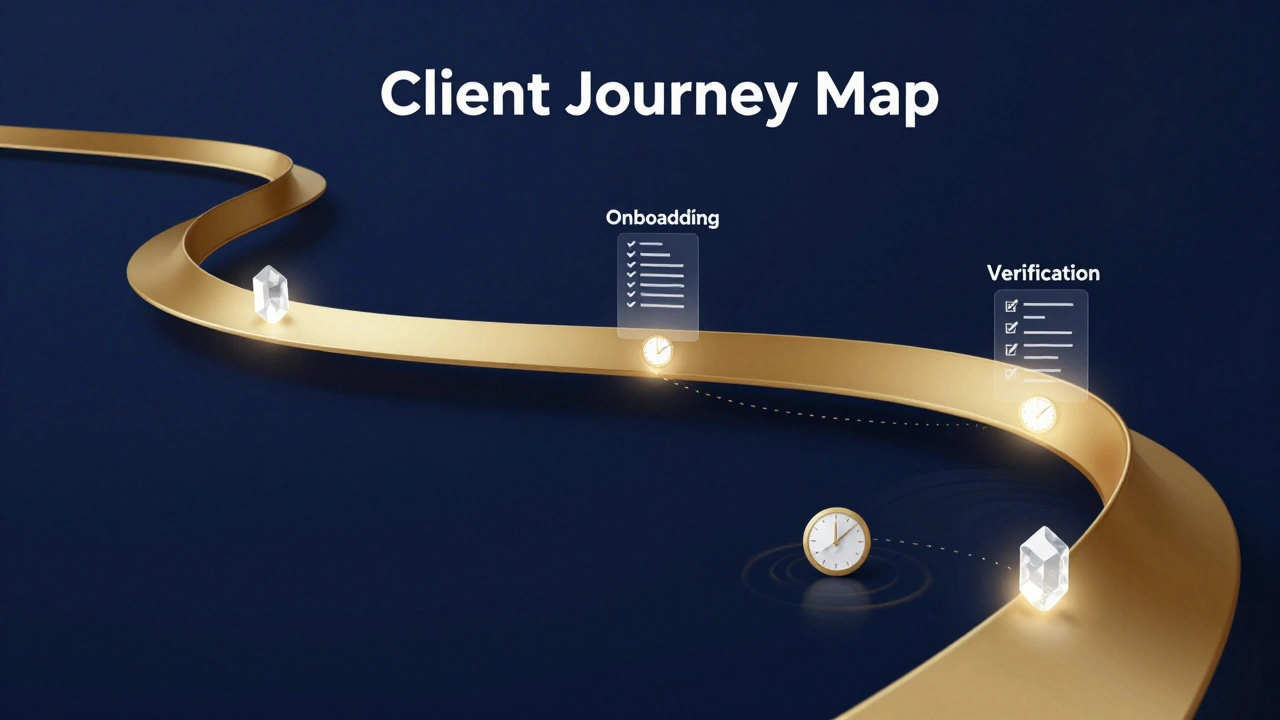 Abstract golden ribbon mapping a luxury client journey with floating SOP touchpoints.