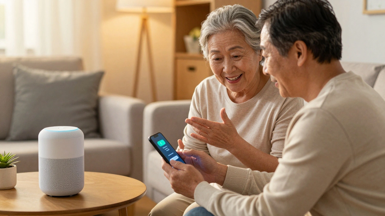 Adult and senior practicing a voice-activated emergency alert system