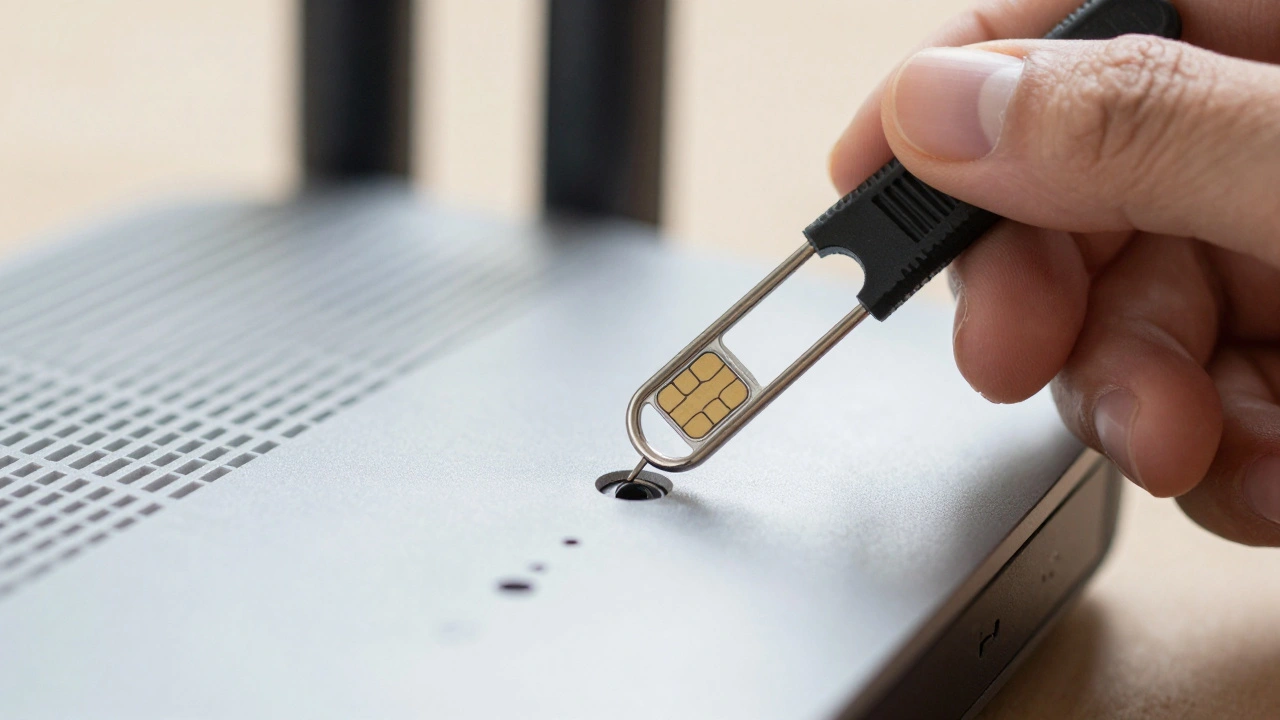 Close-up of a paperclip being used to press a router's pinhole reset button.