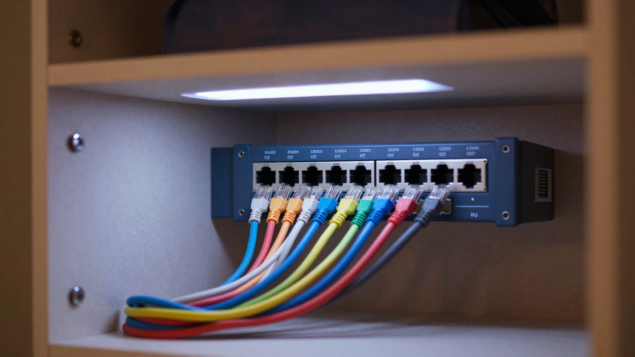 Close-up of organized Ethernet cables connected to a network switch in a utility closet.