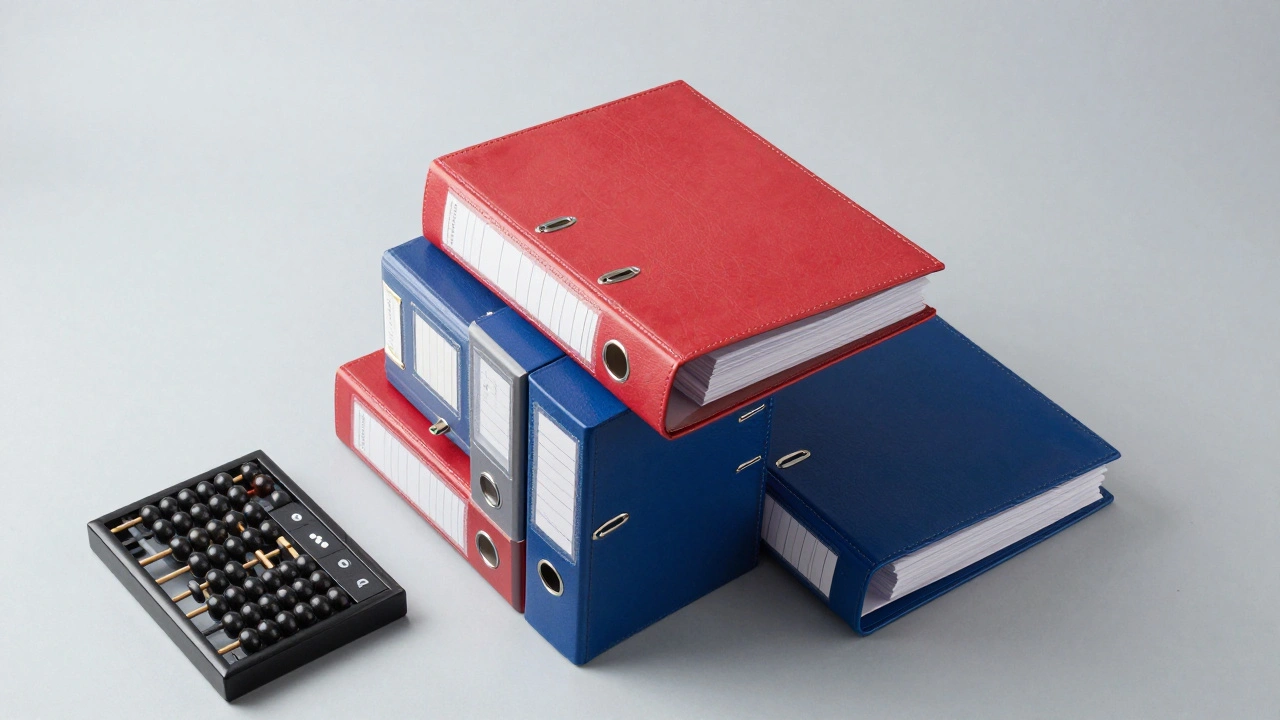Color-coded binders and calculator on desk