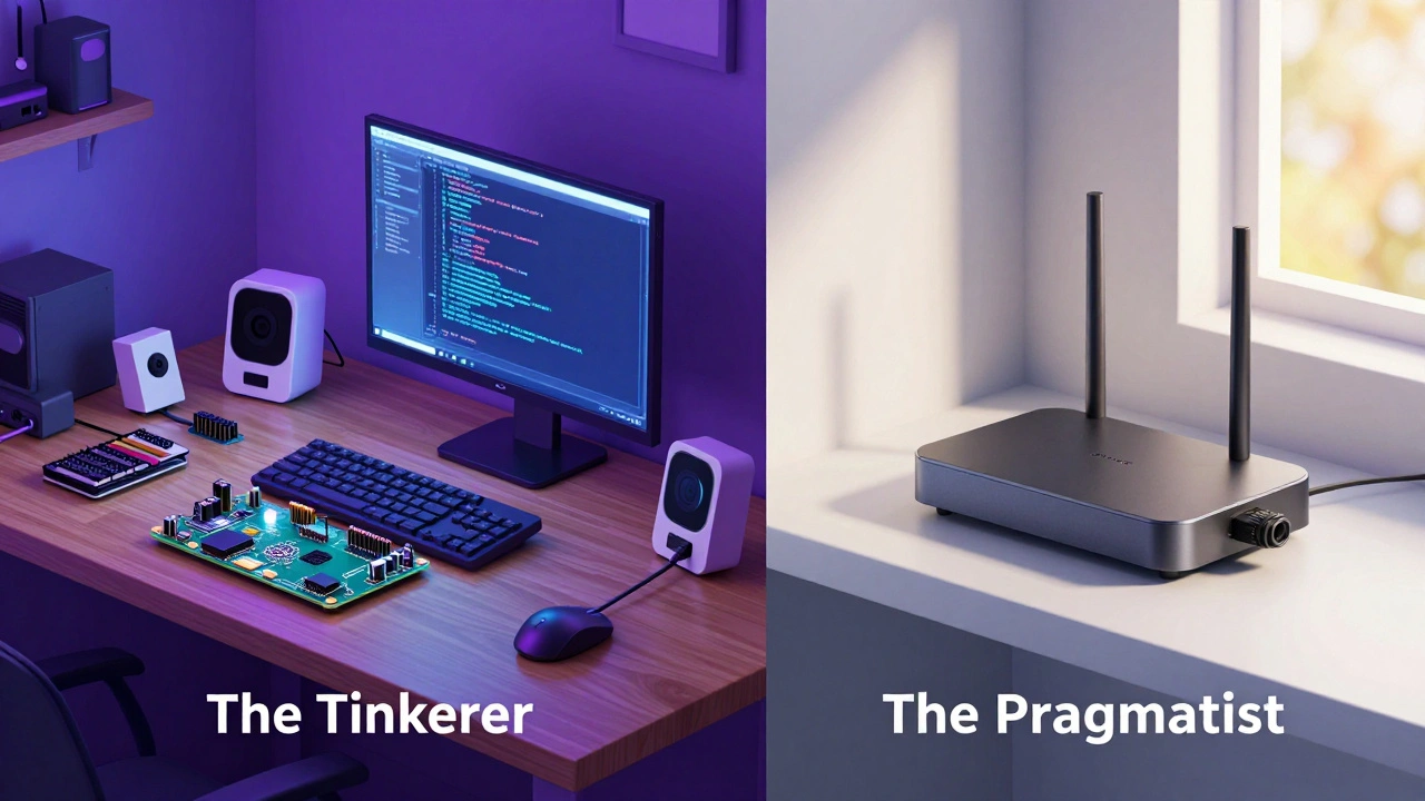 Comparison between a complex DIY electronics workspace and a simple plug-and-play smart hub setup.
