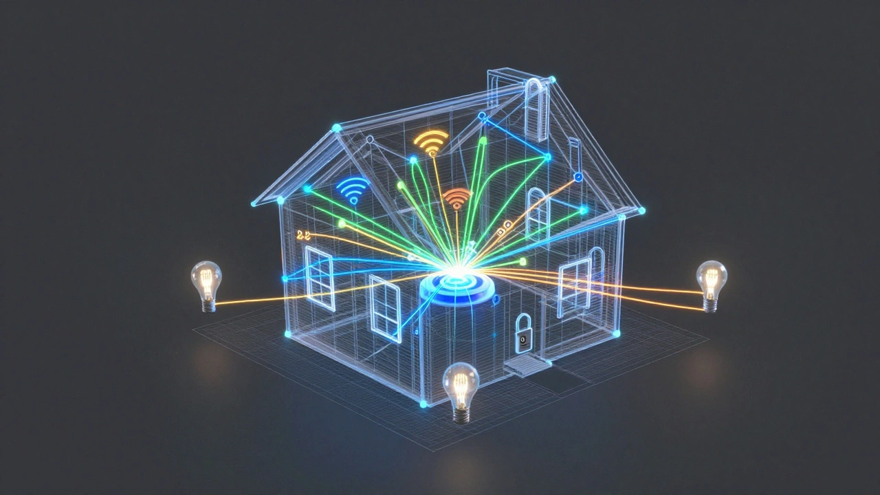 Conceptual 3D map of a smart home showing colorful glowing connection lines between IoT devices