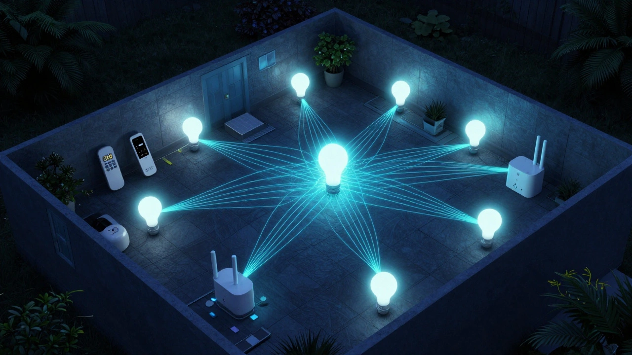 Conceptual 3D visualization of a smart home mesh network with glowing connection lines