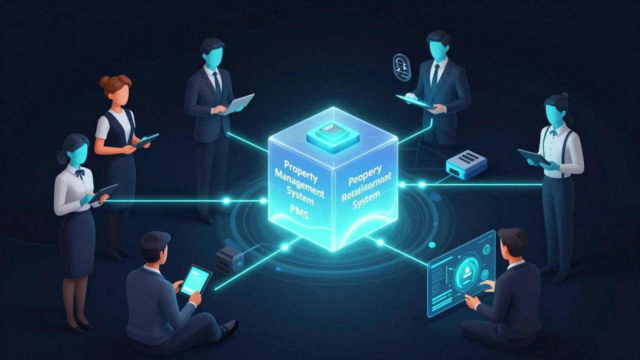 Conceptual diagram of interconnected PMS, POS, and CRM hospitality systems.