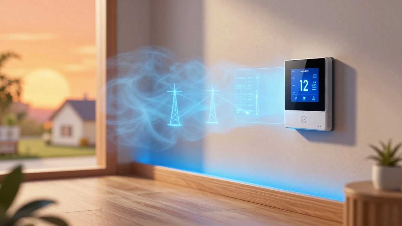 Cross-section of a home showing cool blue air as thermal storage and a smart thermostat