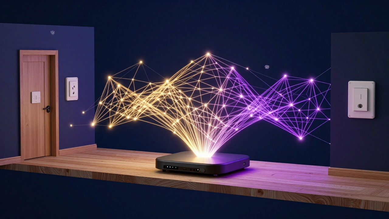 Digital illustration of a smart home mesh network with glowing signal paths between devices.