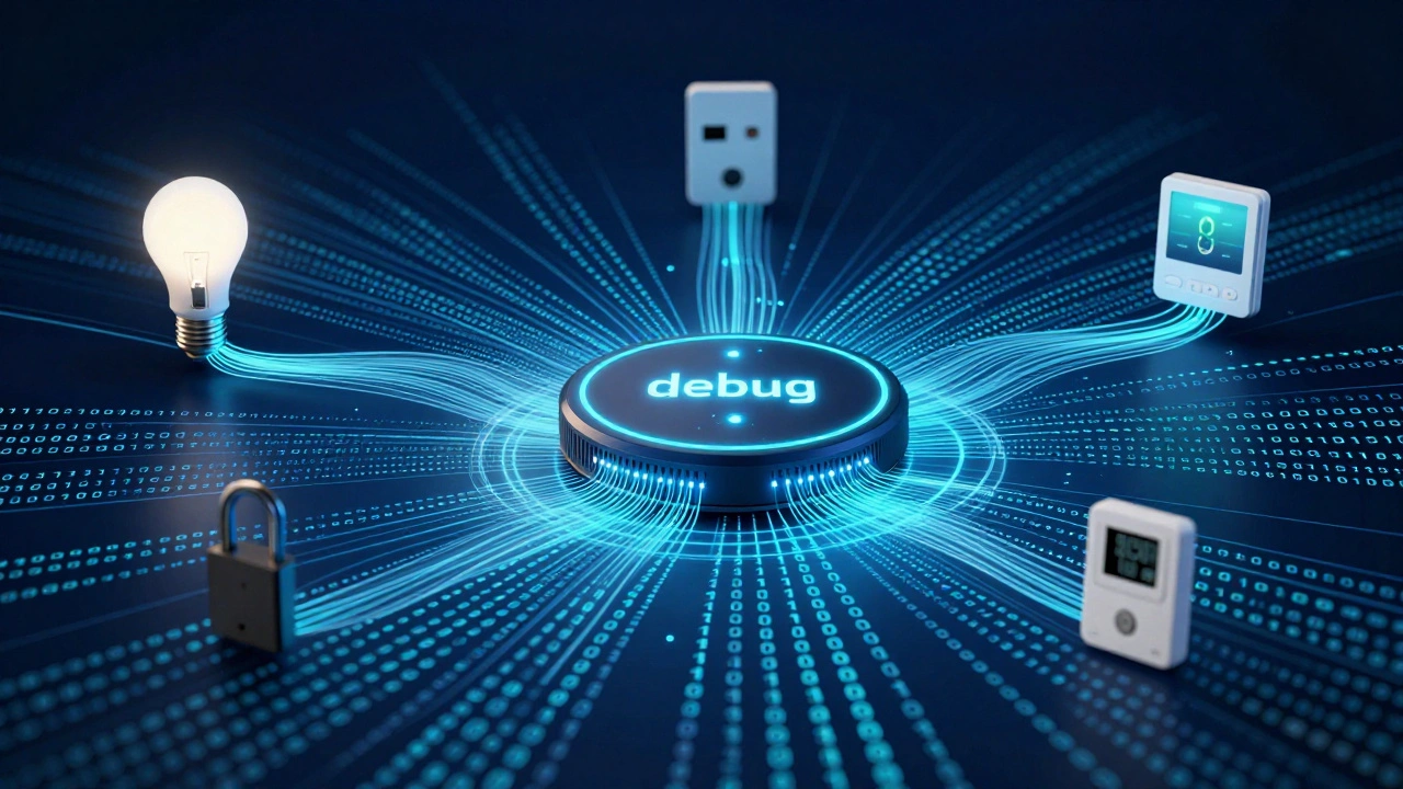 Digital illustration of a smart hub emitting streams of data logs to connected devices.