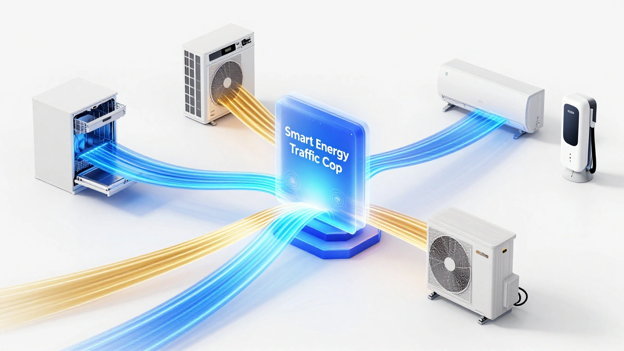 Digital illustration showing energy being dynamically routed between home appliances and an EV.