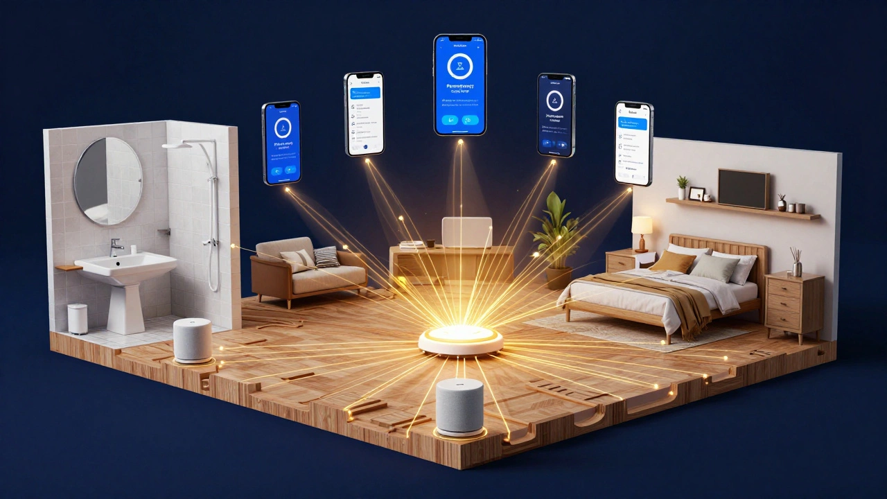 Digital visualization of a smart home emergency network connecting devices to phones