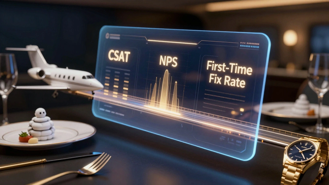 Holographic dashboard showing luxury concierge KPIs over high-end service symbols