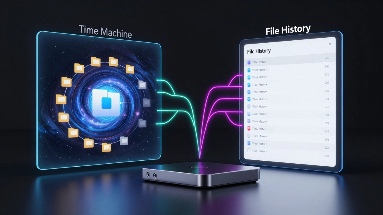 Holographic interfaces of Mac Time Machine and Windows File History connected to an external drive