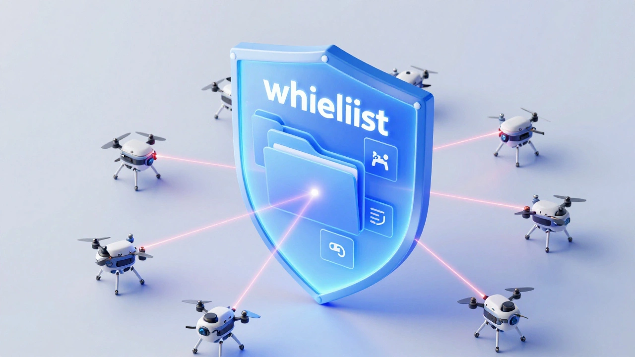 Holographic shield protecting trusted software folders from security scanning drones.