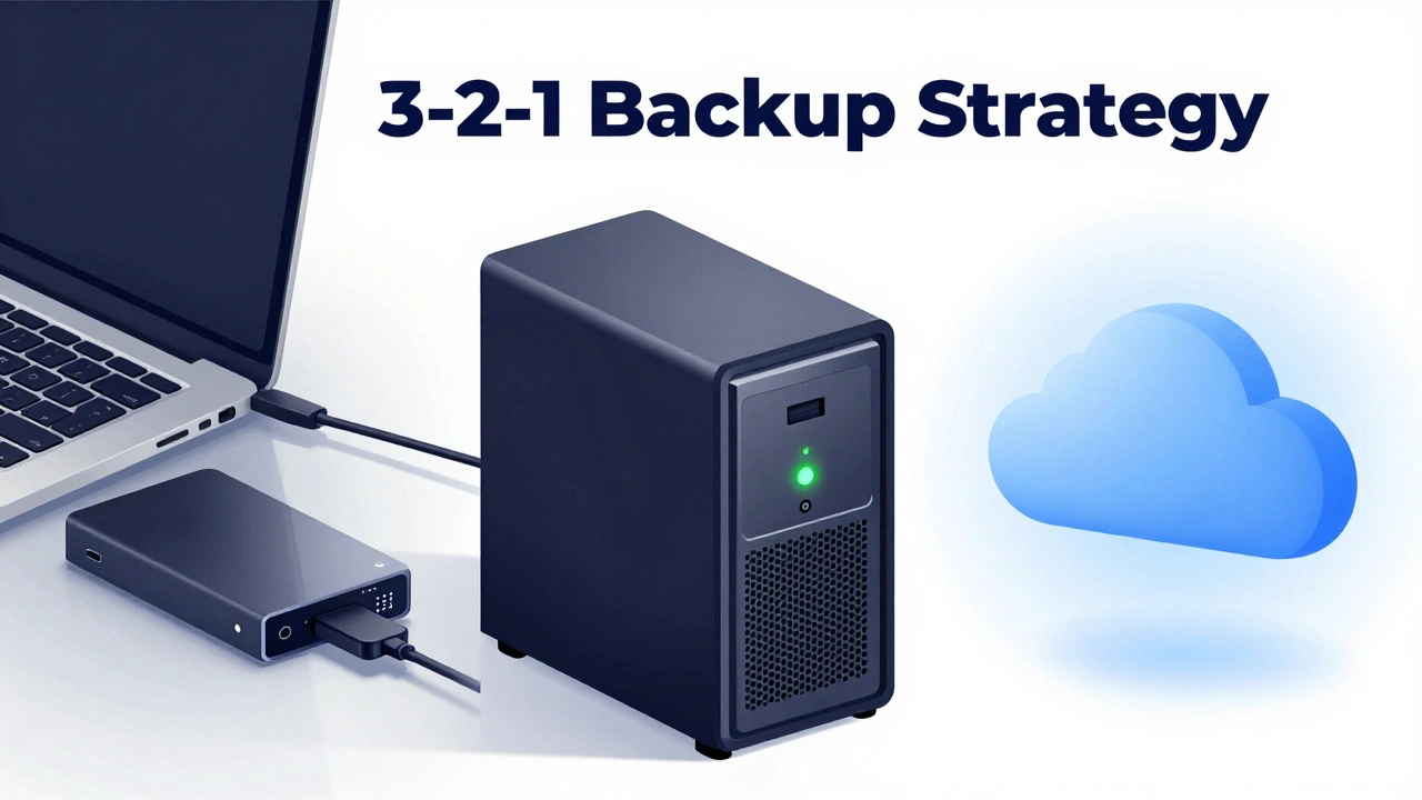 Illustration showing a laptop, a NAS device, and a cloud icon representing the 3-2-1 backup strategy