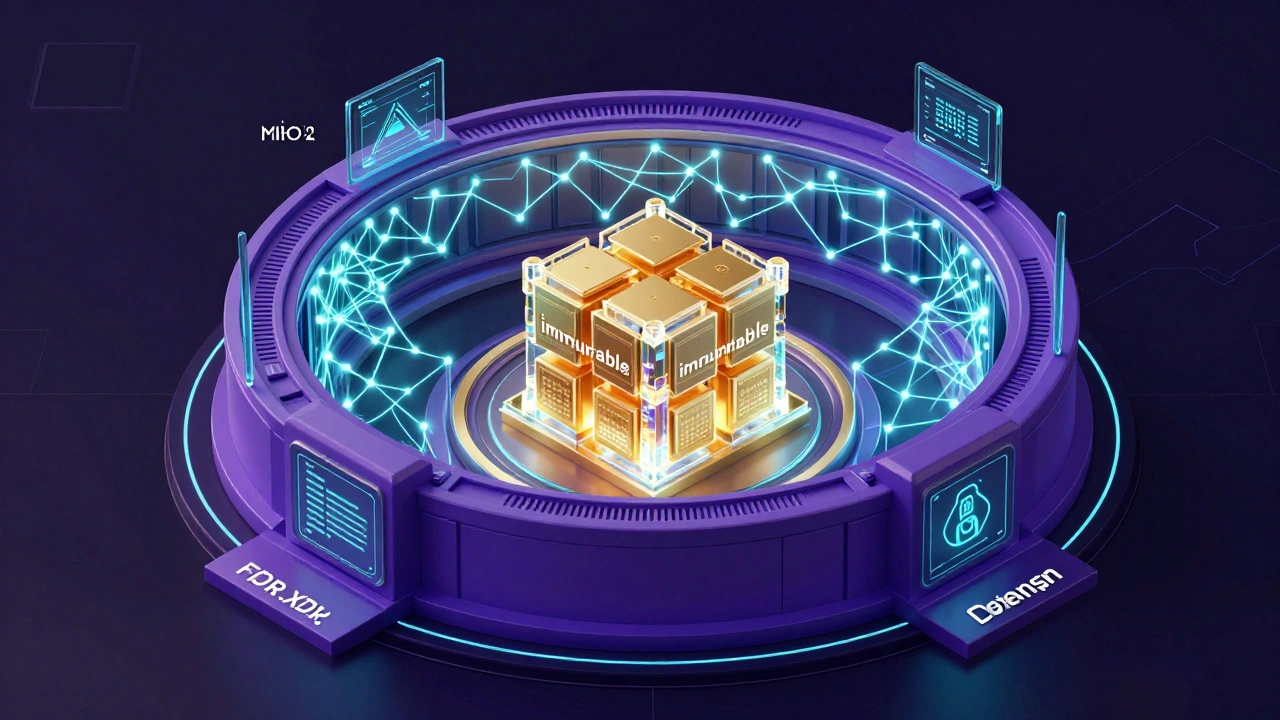 Isometric view of a high-tech data fortress with biometric locks and immutable data cubes.