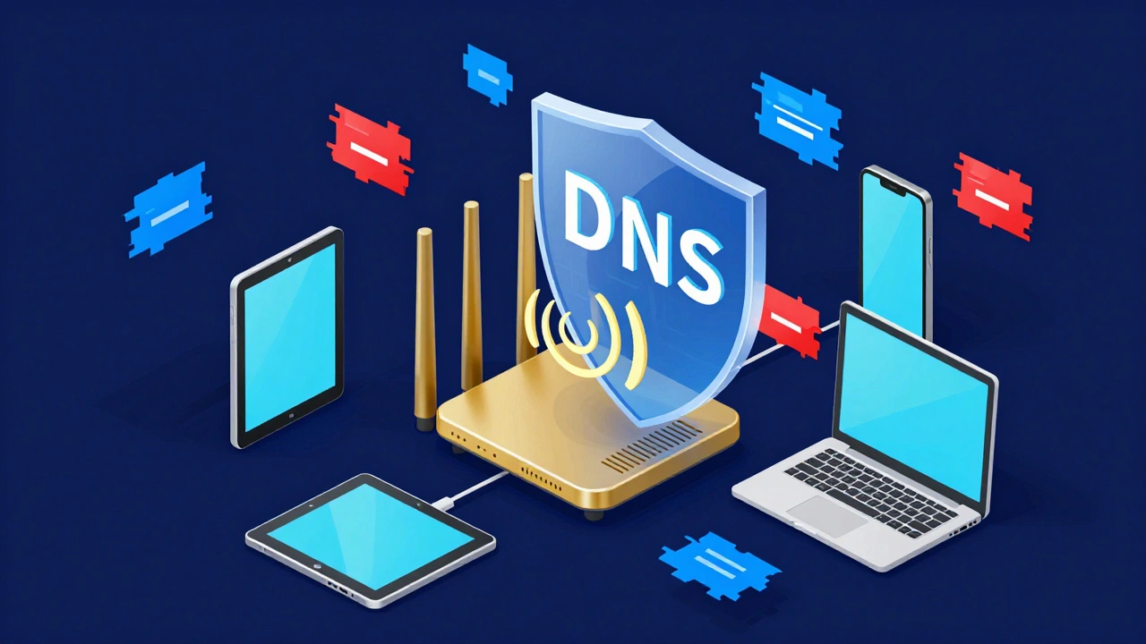 Isometric view of a Wi-Fi router with a digital shield filtering internet traffic.