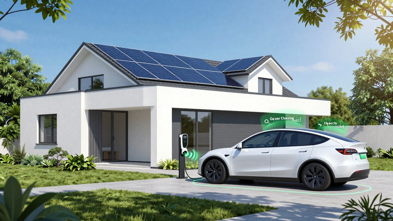 Modern home with solar panels and an EV using bidirectional charging on a sunny day.