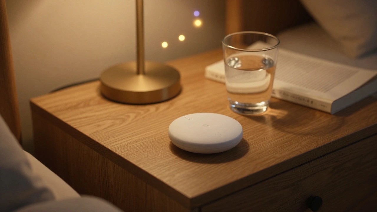 Small wireless remote on a bedroom nightstand with warm amber ambient lighting
