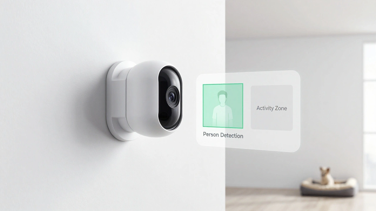 Smart camera interface showing person detection and an ignored activity zone for a pet