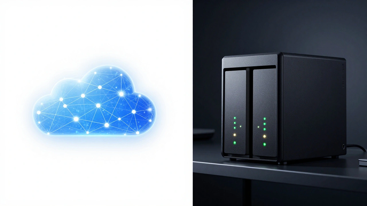 Split screen comparing a conceptual cloud network and a physical NAS device
